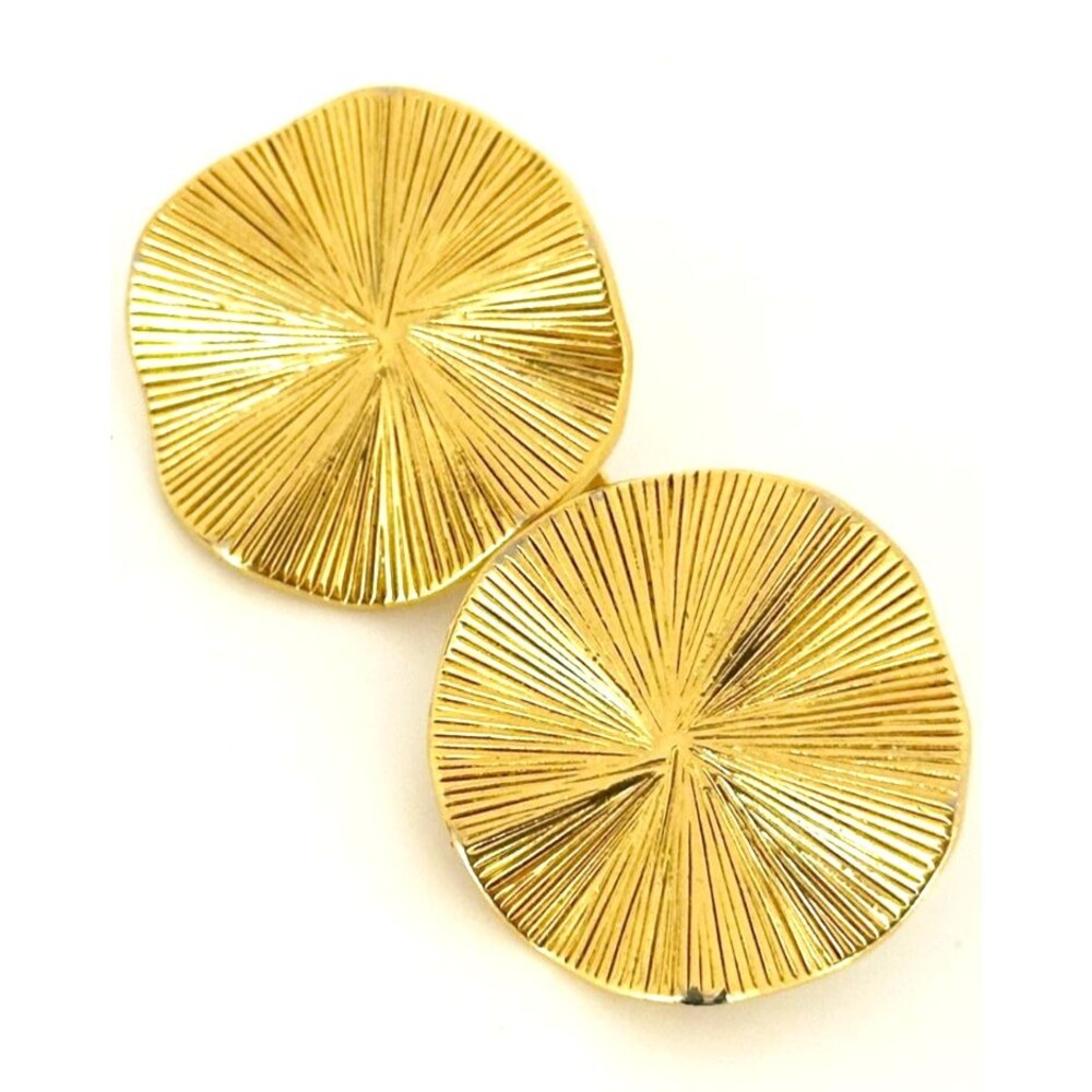 Vintage Gold Tone Earrings Organic Ruffled Round Disc Textured Statement Retro